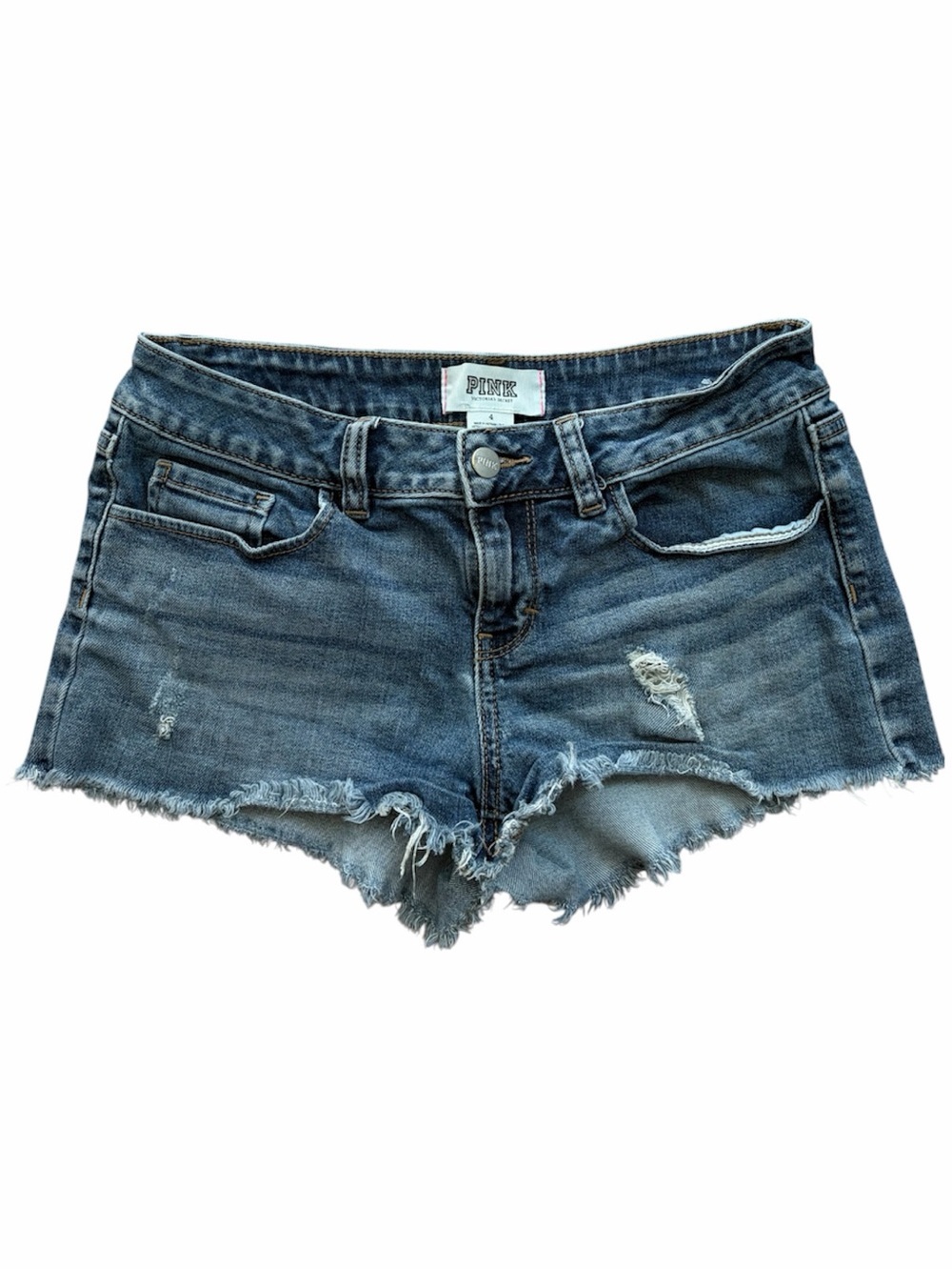 PINK Victoria’s Secret Y2K Distressed Low Rise Denim Shorts Frayed Raw Hem Blue